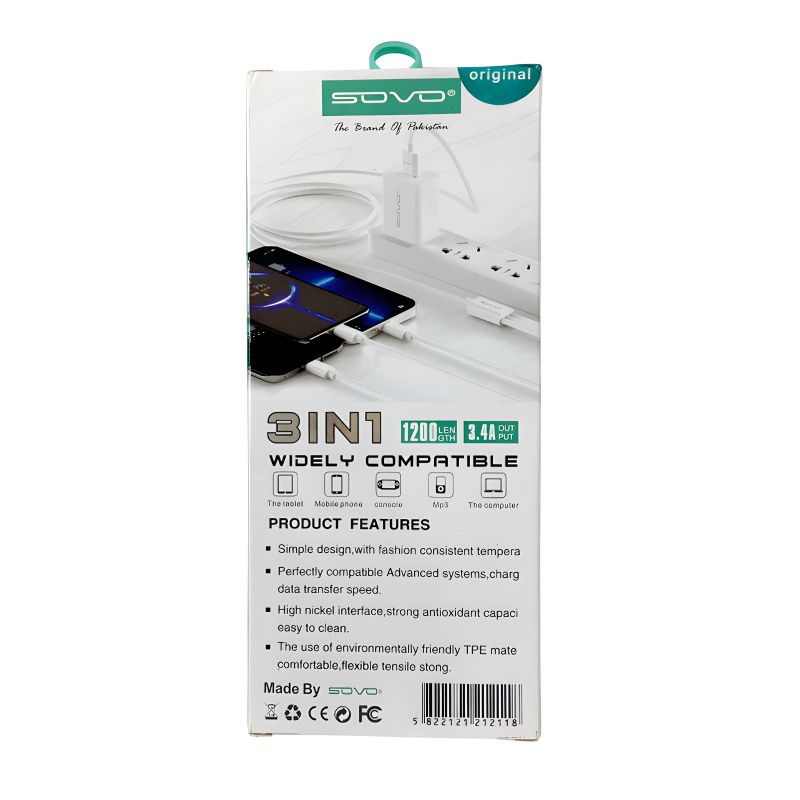 SOVO High Quality 3-in-1 Fast Charging Cable – Multi Charging Cable for Micro USB, Type-C & Lightning Devices