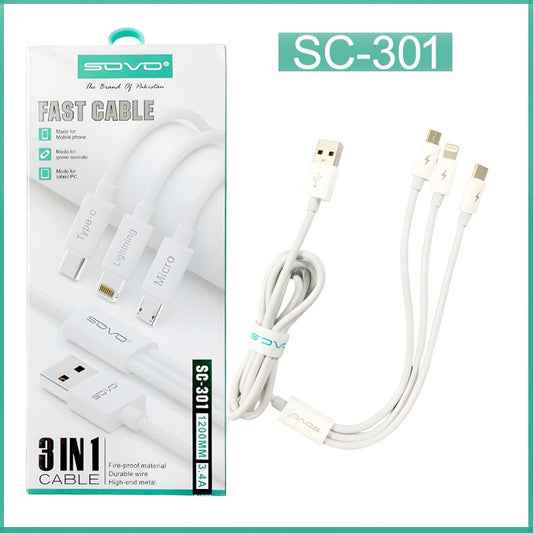 SOVO High Quality 3-in-1 Fast Charging Cable – Multi Charging Cable for Micro USB, Type-C & Lightning Devices