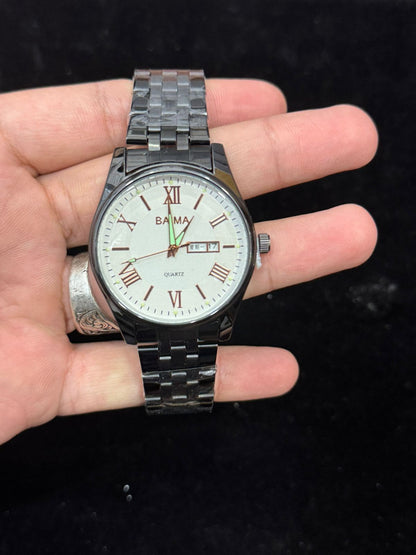 Baima Quartz Stainless Steel Wristwatch With Roman Numerals And Day Date Display | Black With Black Dial